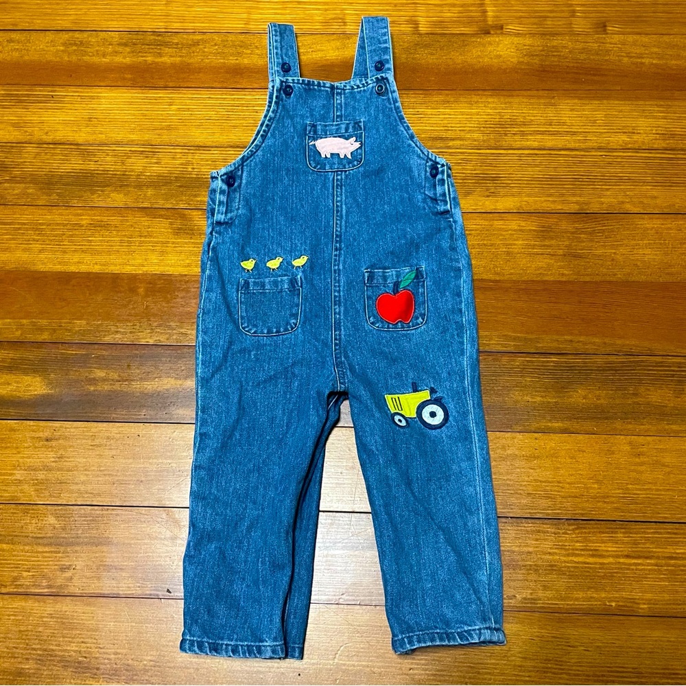 Baby Boden Blue Denim Farm Appliqué Overalls Size 18-24 Months
